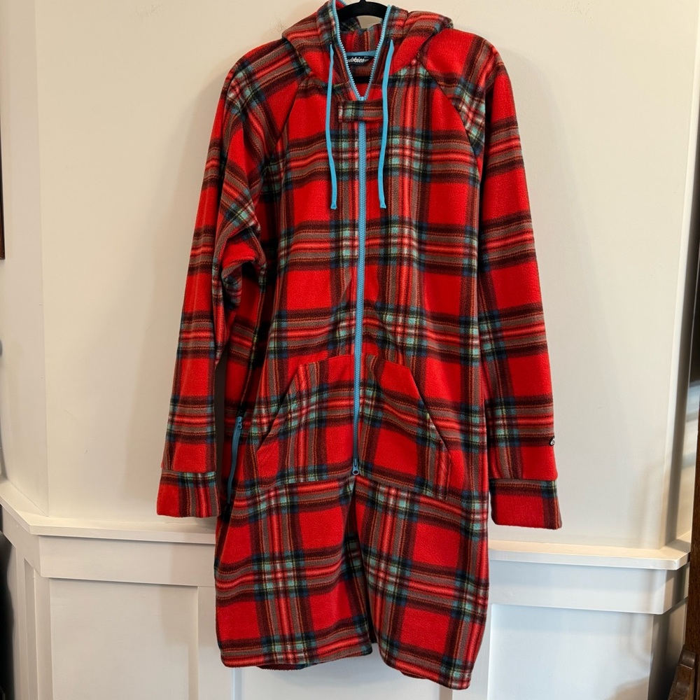 Women’s Chubbies Red and Blue Plaid Fleece Hoodie romper outfit size XXL